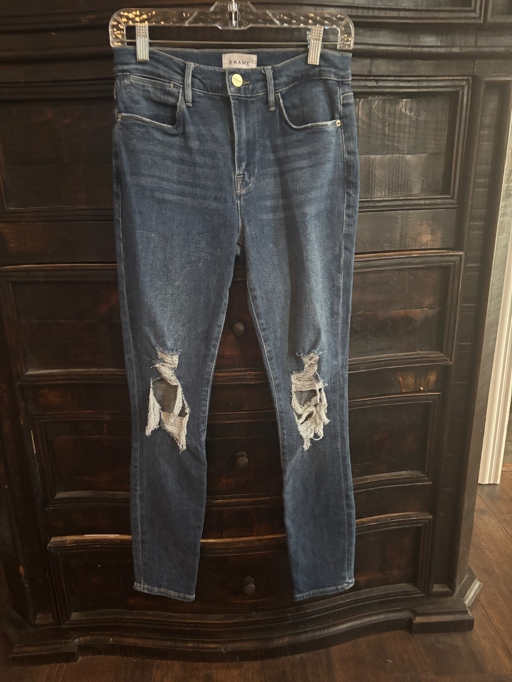 Frame Le Skinny De Jeanne Distressed Rip Knee Jeans size 28